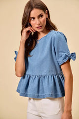 Blue Denim Bow Detail Short Sleeves Peplum Top, Tops, $ 60.00, A Moment Of Now™
