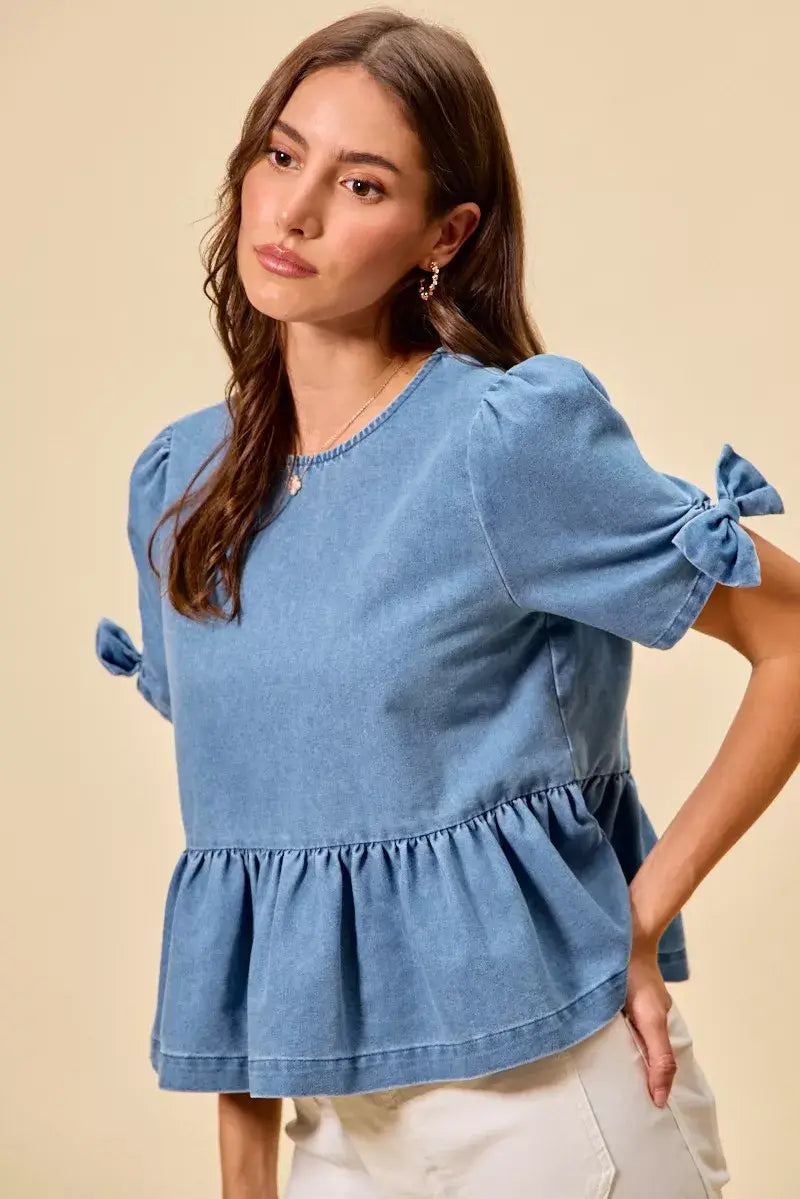 Blue Denim Bow Detail Short Sleeves Peplum Top, Tops, $ 60.00, A Moment Of Now™