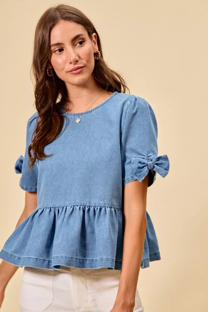 Blue Denim Bow Detail Short Sleeves Peplum Top, Tops, $ 60.00, A Moment Of Now™