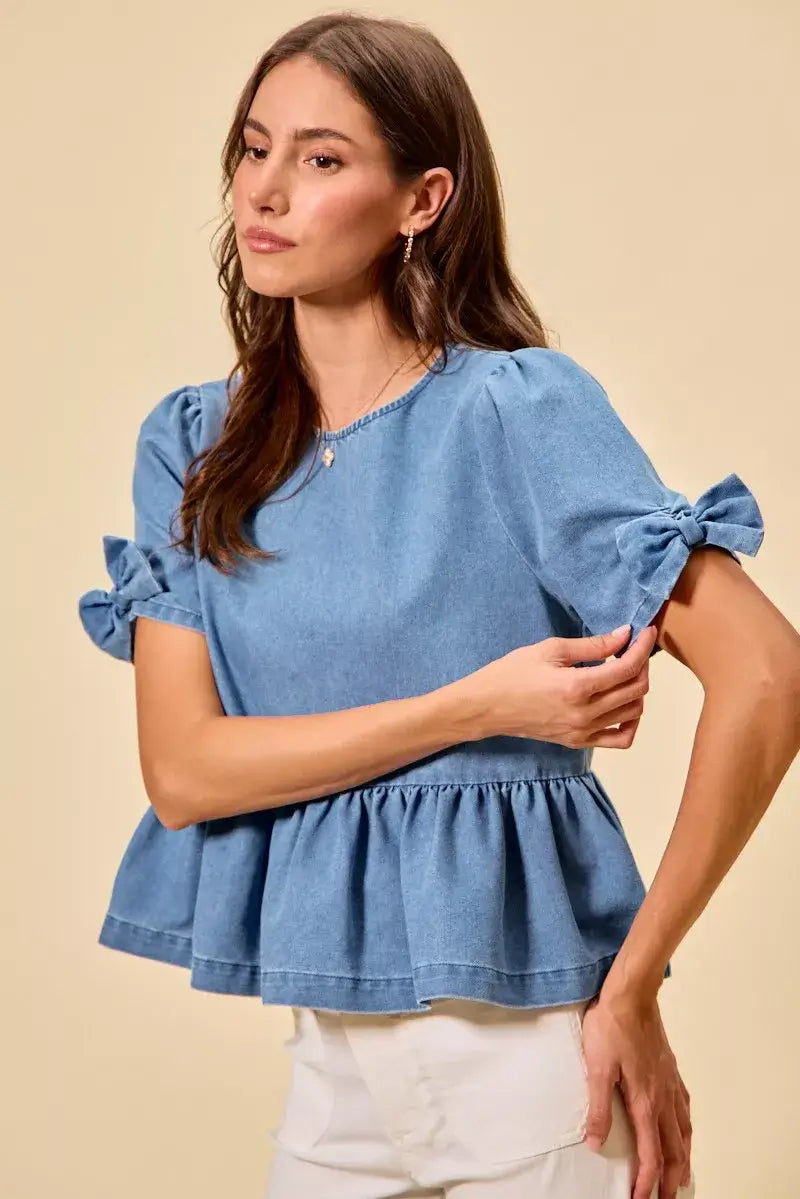 Blue Denim Bow Detail Short Sleeves Peplum Top, Tops, $ 60.00, A Moment Of Now™