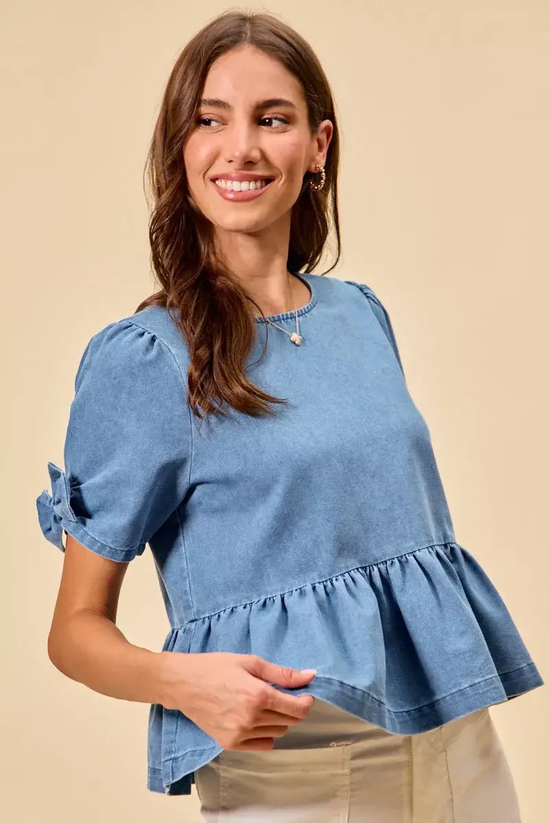 Blue Denim Bow Detail Short Sleeves Peplum Top, Tops, $ 60.00, A Moment Of Now™