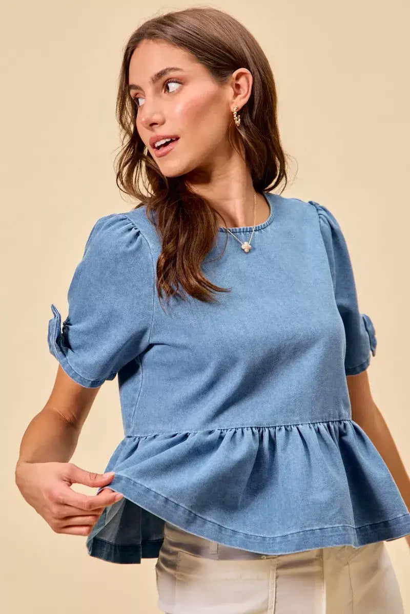 Blue Denim Bow Detail Short Sleeves Peplum Top, Tops, $ 60.00, A Moment Of Now™