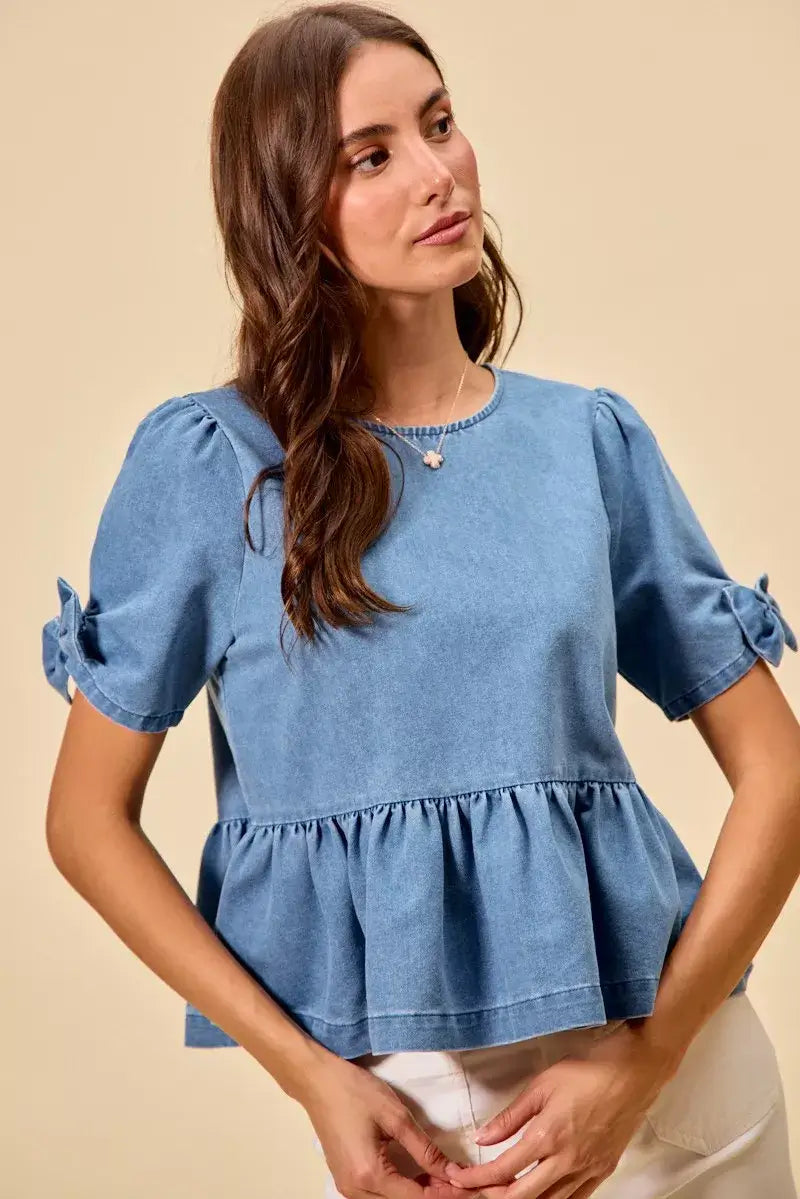 Blue Denim Bow Detail Short Sleeves Peplum Top, Tops, $ 60.00, A Moment Of Now™