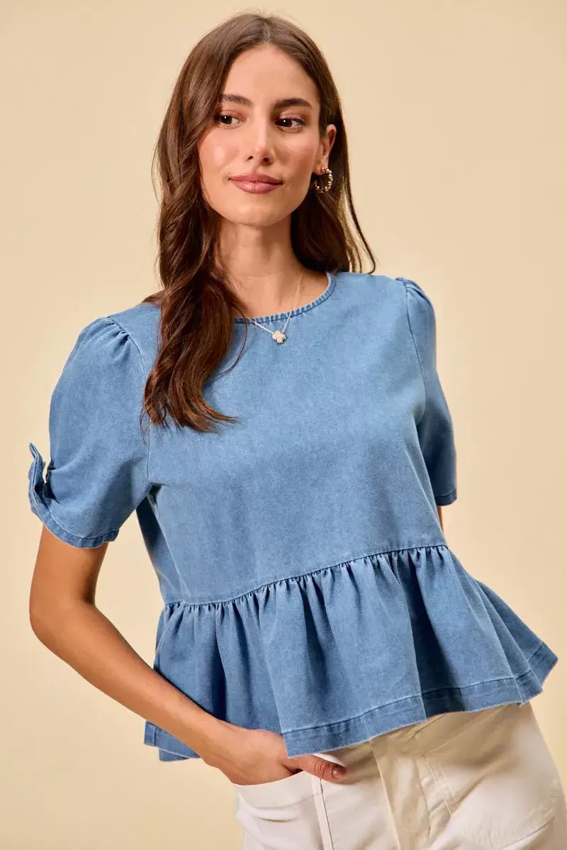 Blue Denim Bow Detail Short Sleeves Peplum Top, Tops, $ 60.00, A Moment Of Now™