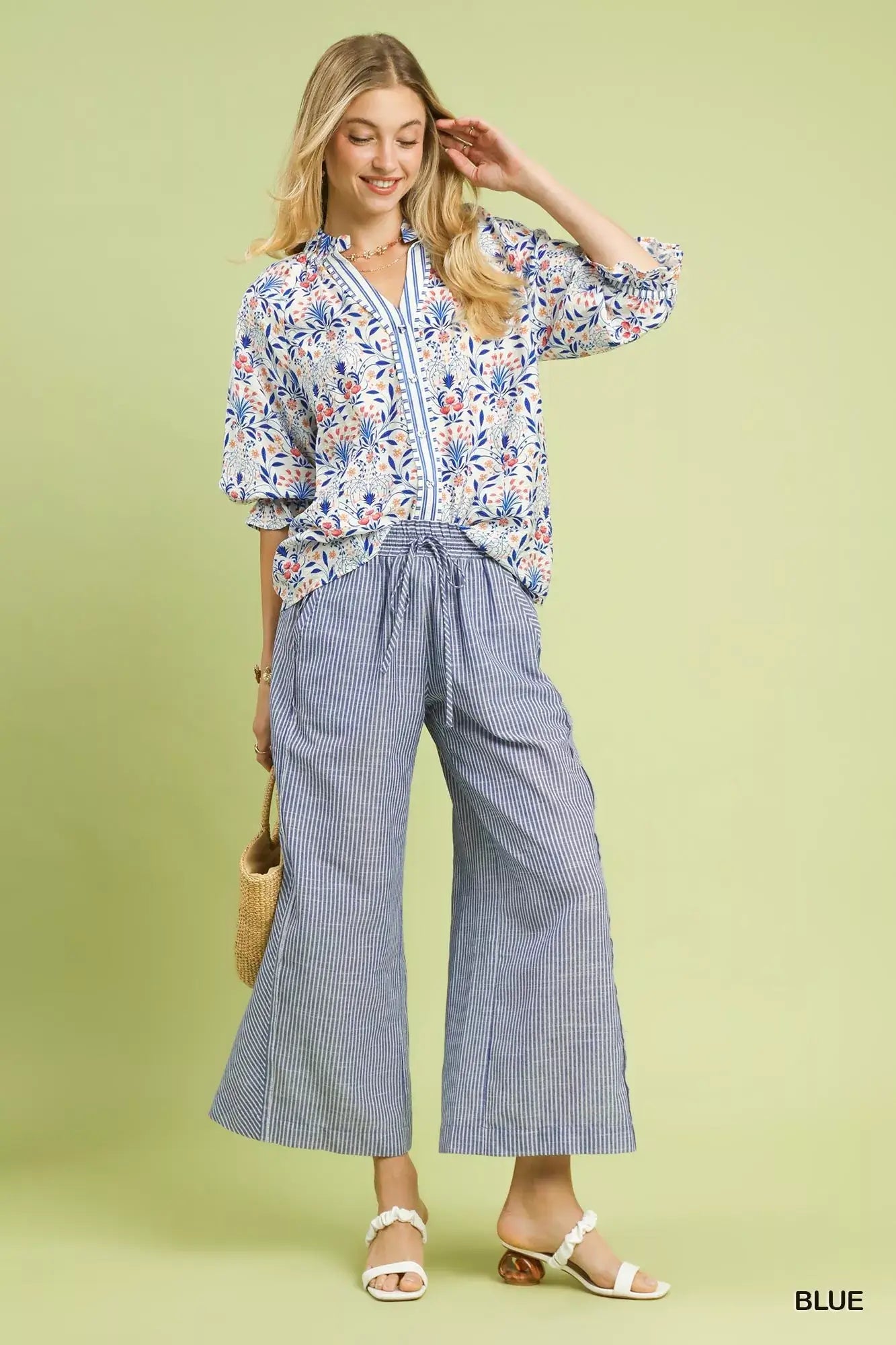 Blue Linen Blend Striped Wide Leg Pants - Stylish & Comfortable, Pants, $ 54.00, A Moment Of Now™