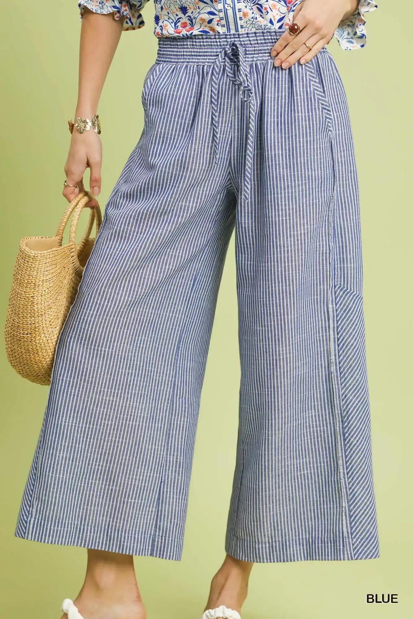 Blue Linen Blend Striped Wide Leg Pants - Stylish & Comfortable, Pants, $ 54.00, A Moment Of Now™