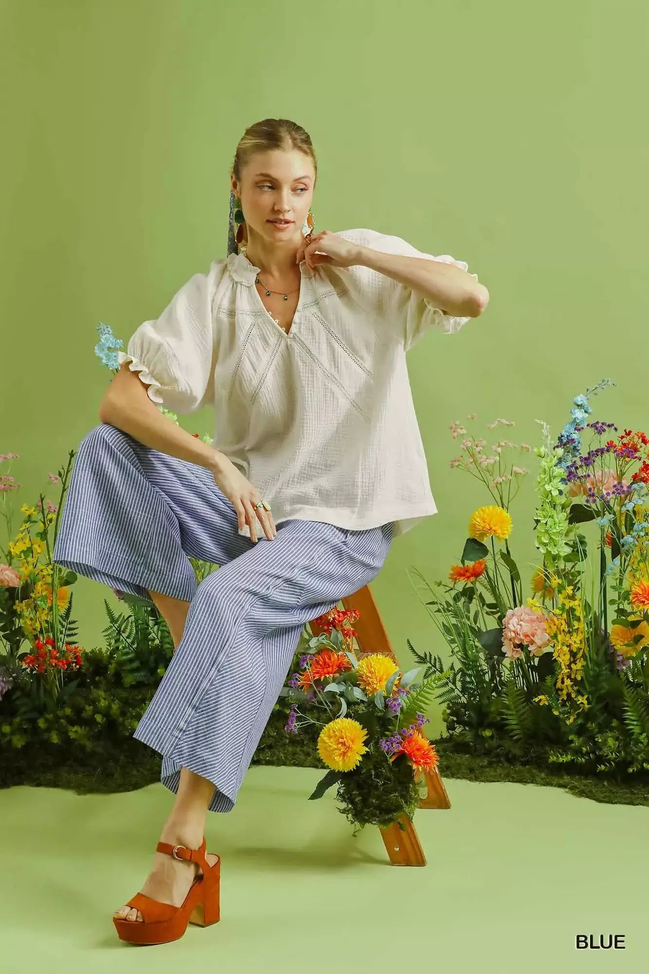 Blue Linen Blend Striped Wide Leg Pants - Stylish & Comfortable, Pants, $ 54.00, A Moment Of Now™