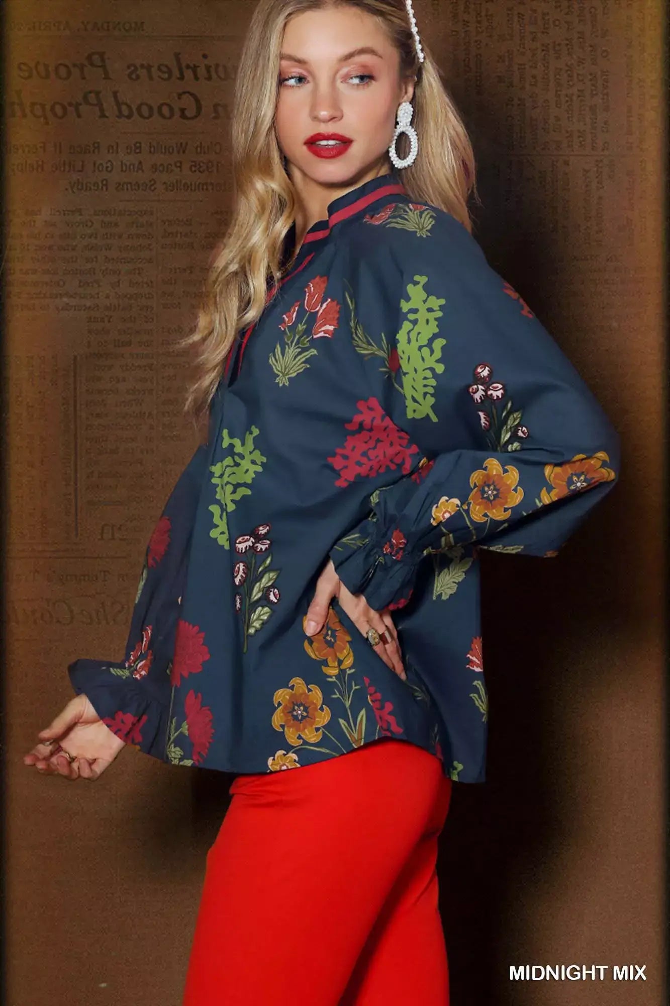 Blue Red Floral Print Flounce Sleeve Blouse - Spring Style, Blouses, $ 55.00, A Moment Of Now™