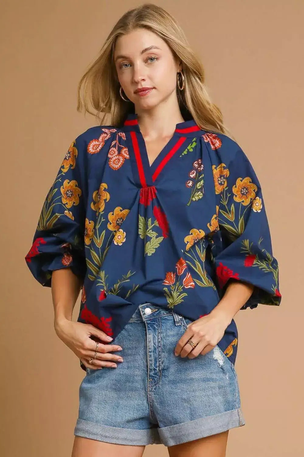 Blue Red Floral Print Flounce Sleeve Blouse - Spring Style, Blouses, $ 55.00, A Moment Of Now™