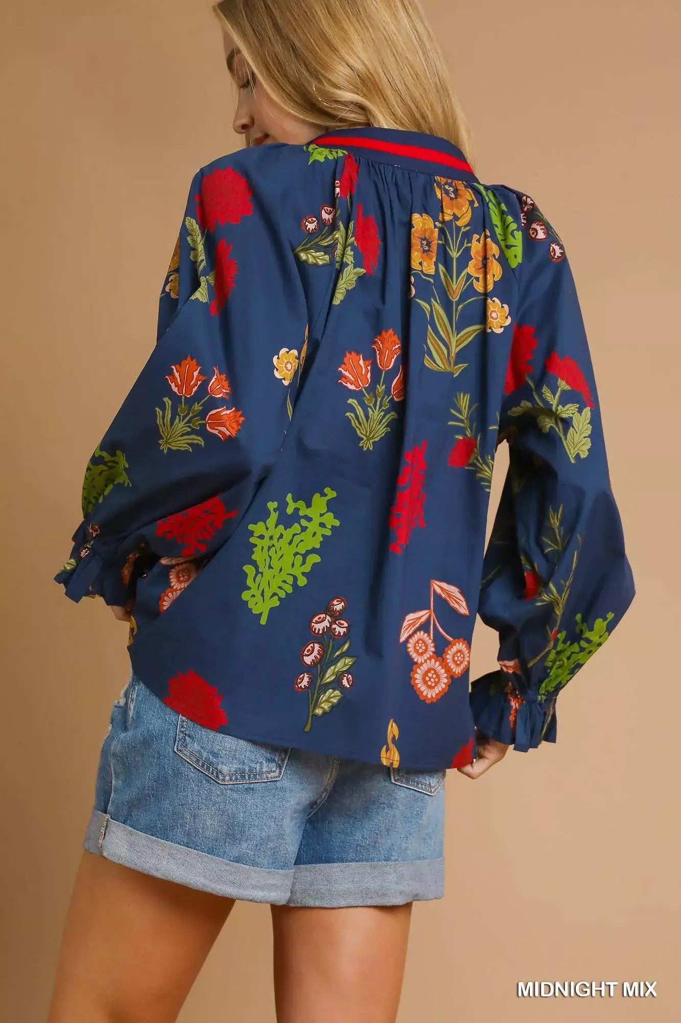Blue Red Floral Print Flounce Sleeve Blouse - Spring Style, Blouses, $ 55.00, A Moment Of Now™