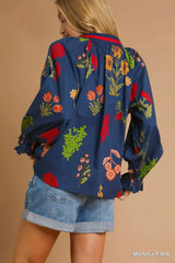 Blue Red Floral Print Flounce Sleeve Blouse - Spring Style, Blouses, $ 55.00, A Moment Of Now™
