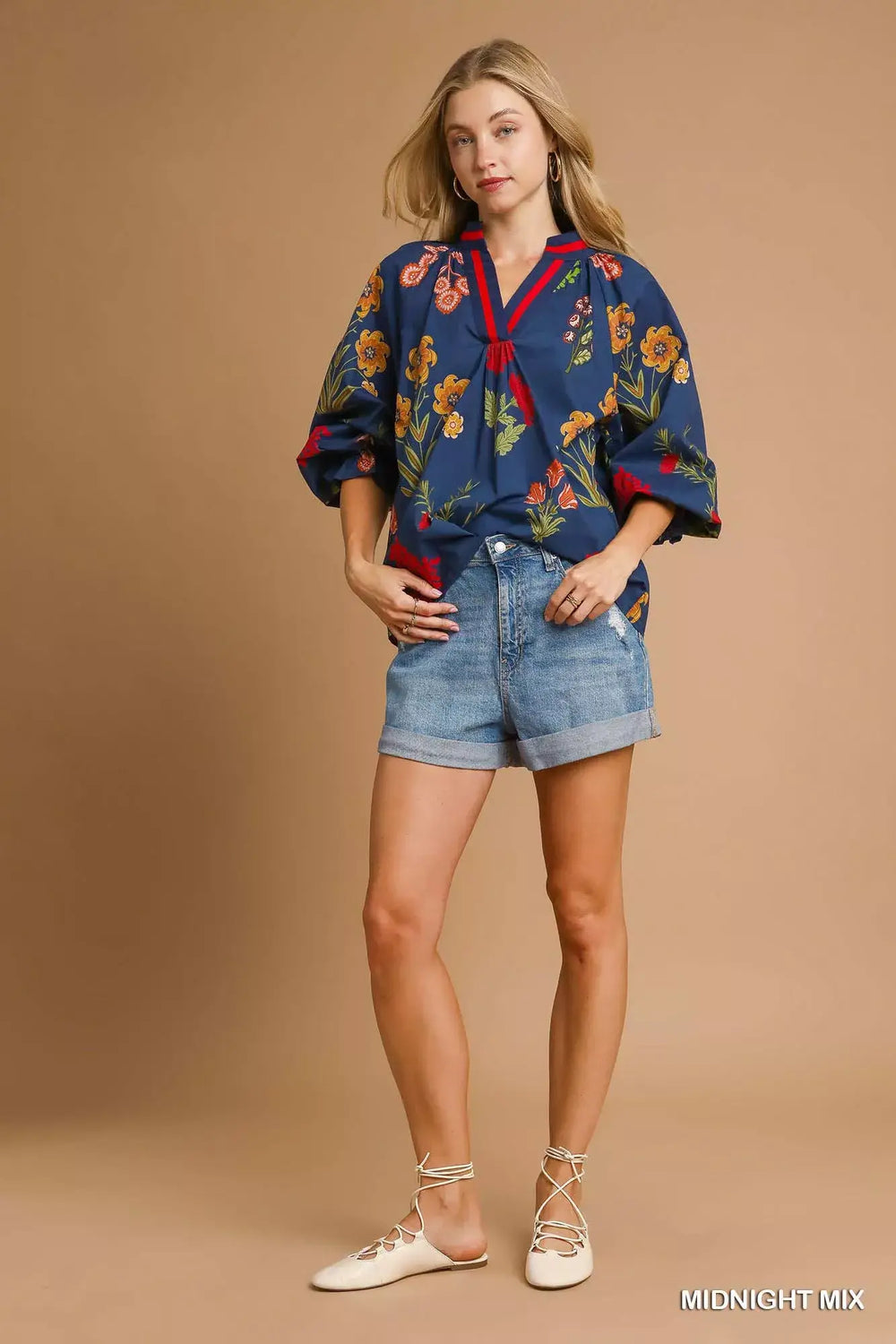 Blue Red Floral Print Flounce Sleeve Blouse - Spring Style, Blouses, $ 55.00, A Moment Of Now™