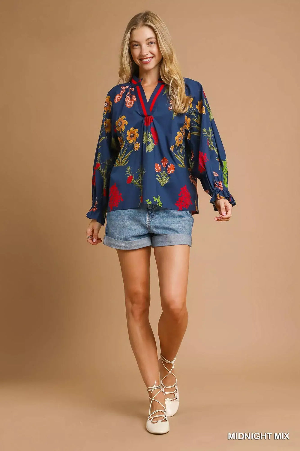 Blue Red Floral Print Flounce Sleeve Blouse - Spring Style, Blouses, $ 55.00, A Moment Of Now™
