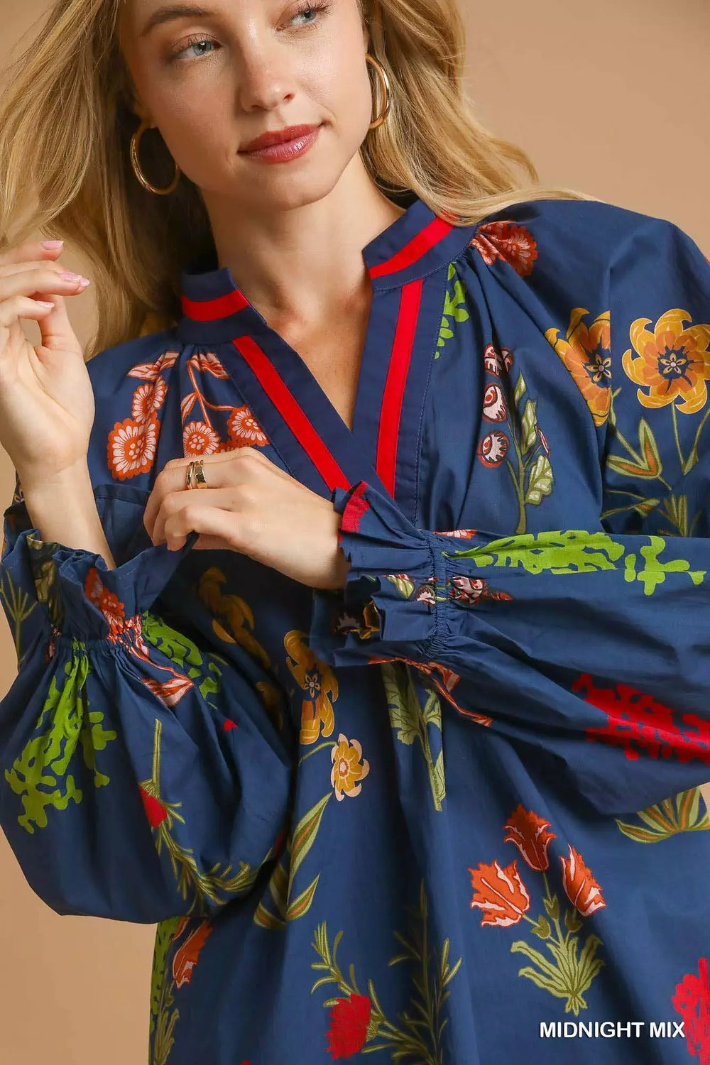 Blue Red Floral Print Flounce Sleeve Blouse - Spring Style, Blouses, $ 55.00, A Moment Of Now™