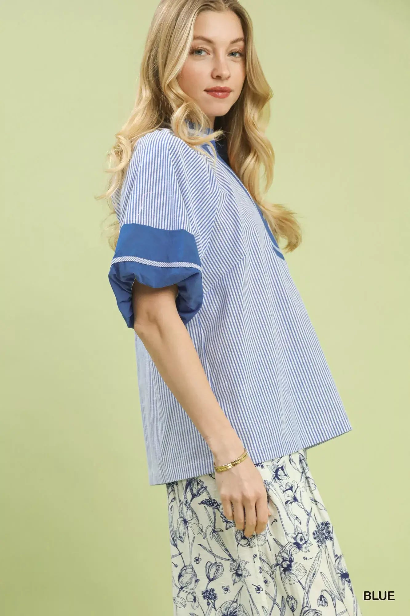 Blue Striped Mixed Puff Sleeve Blouse - Timeless Style, Blouses, $ 56.00, A Moment Of Now™