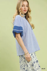 Blue Striped Mixed Puff Sleeve Blouse - Timeless Style, Blouses, $ 56.00, A Moment Of Now™