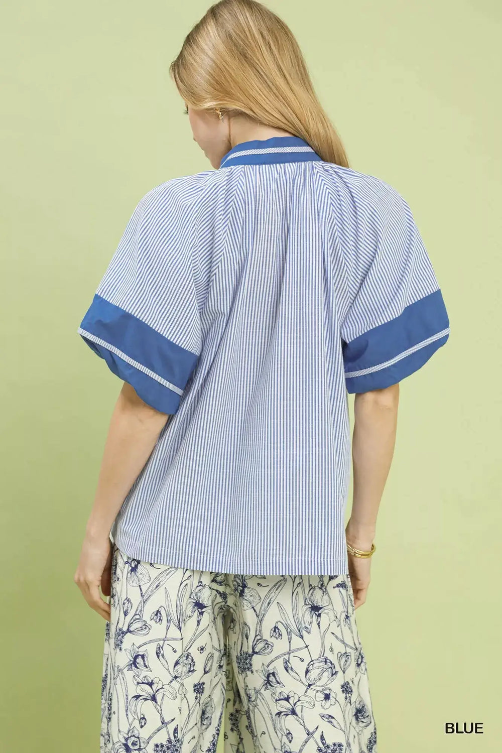Blue Striped Mixed Puff Sleeve Blouse - Timeless Style, Blouses, $ 56.00, A Moment Of Now™