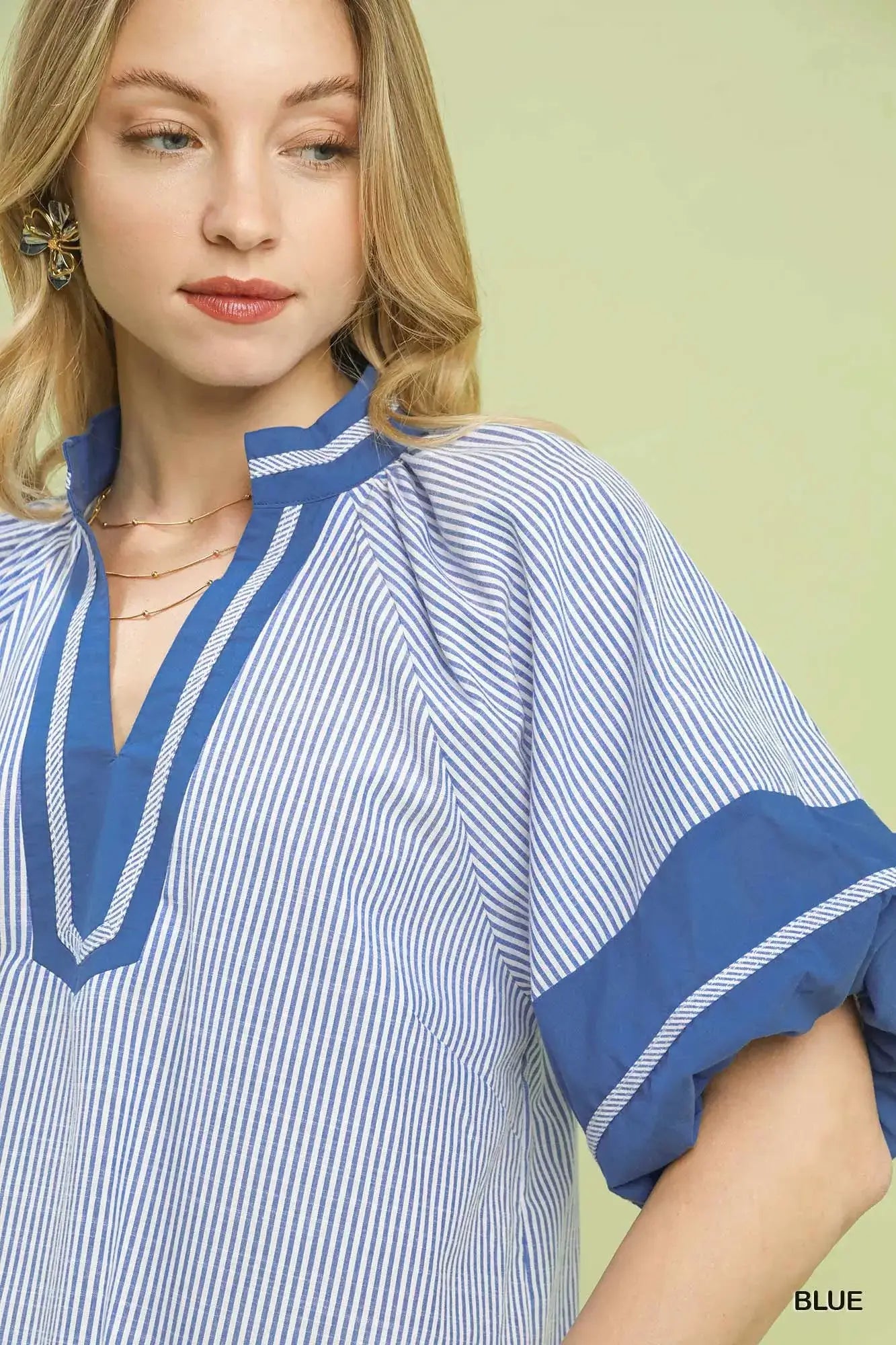 Blue Striped Mixed Puff Sleeve Blouse - Timeless Style, Blouses, $ 56.00, A Moment Of Now™