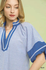 Blue Striped Mixed Puff Sleeve Blouse - Timeless Style, Blouses, $ 56.00, A Moment Of Now™