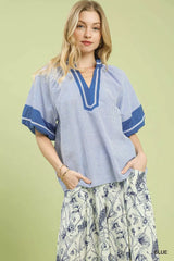 Blue Striped Mixed Puff Sleeve Blouse - Timeless Style, Blouses, $ 56.00, A Moment Of Now™