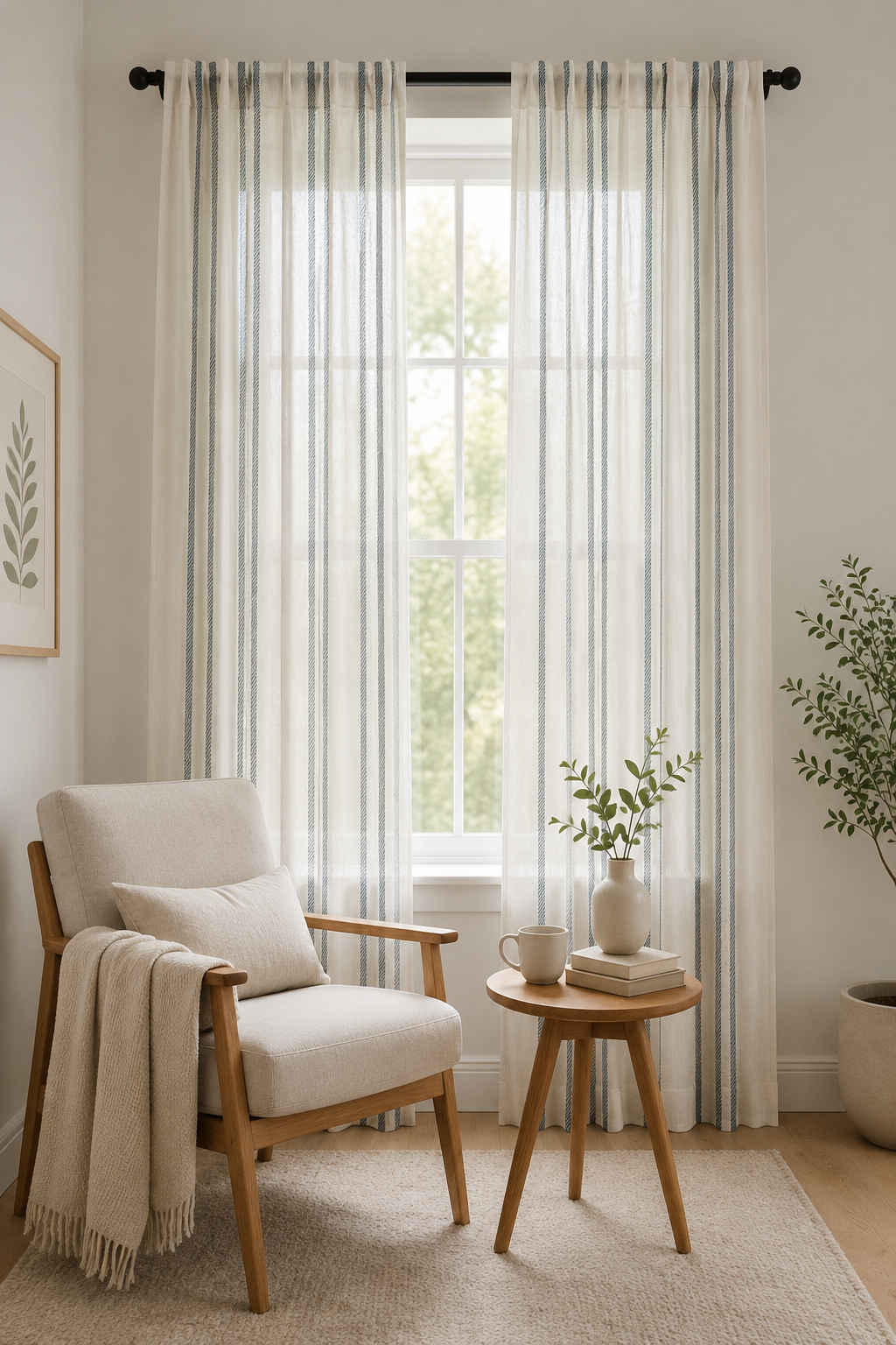 Blue Striped Sheer Curtain Panel — Coastal Linen-Look Window Curtain