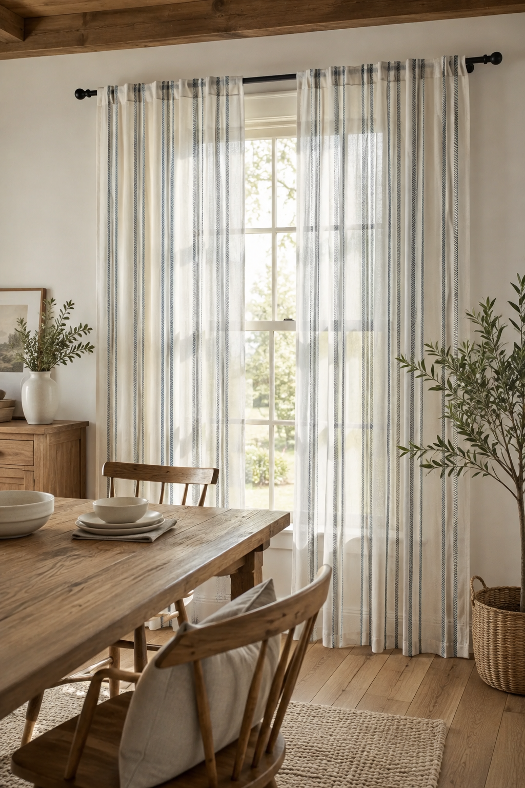 Blue Striped Sheer Curtain Panel — Coastal Linen-Look Window Curtain
