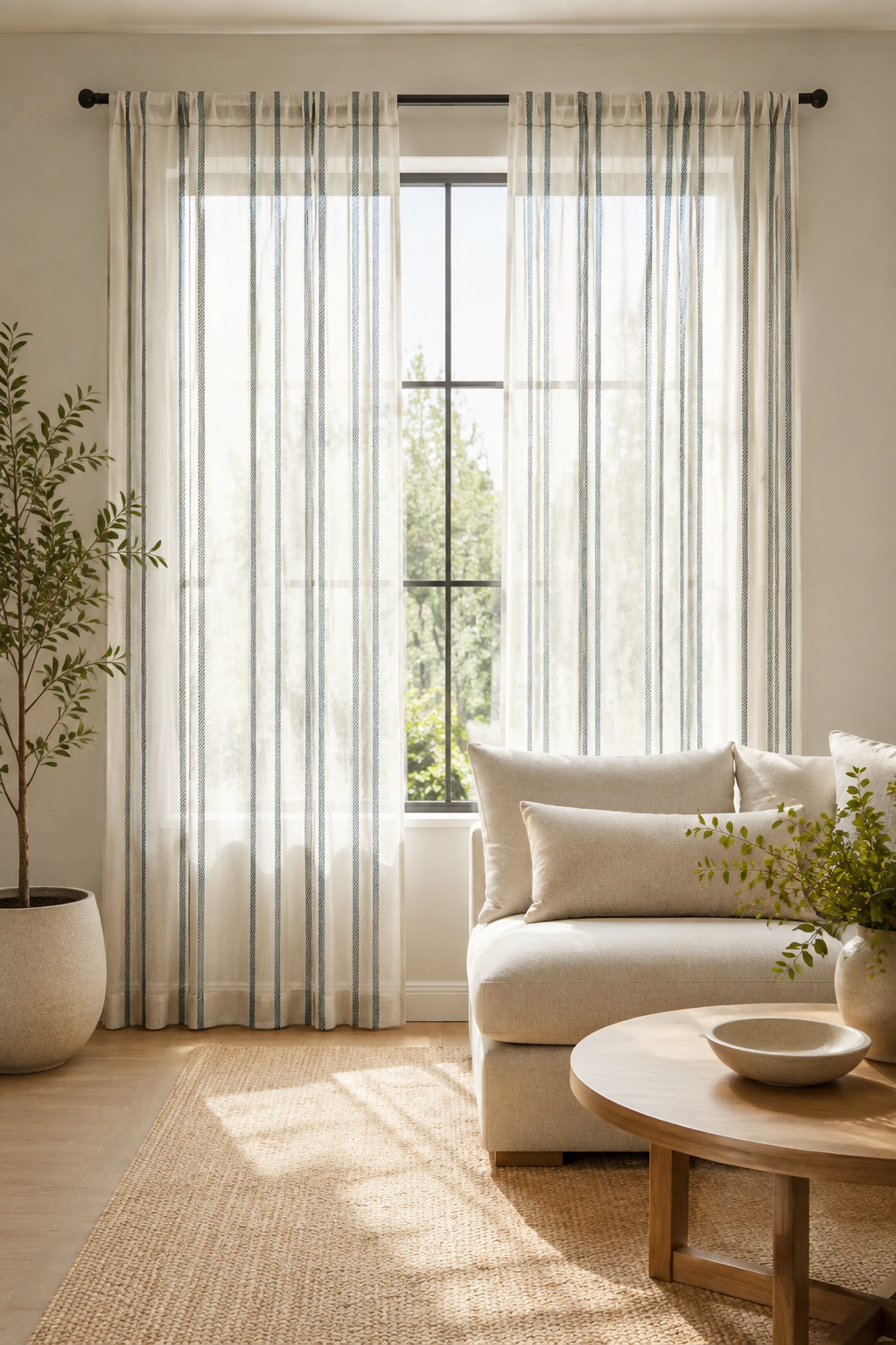 Blue Striped Sheer Curtain Panel — Coastal Linen-Look Window Curtain
