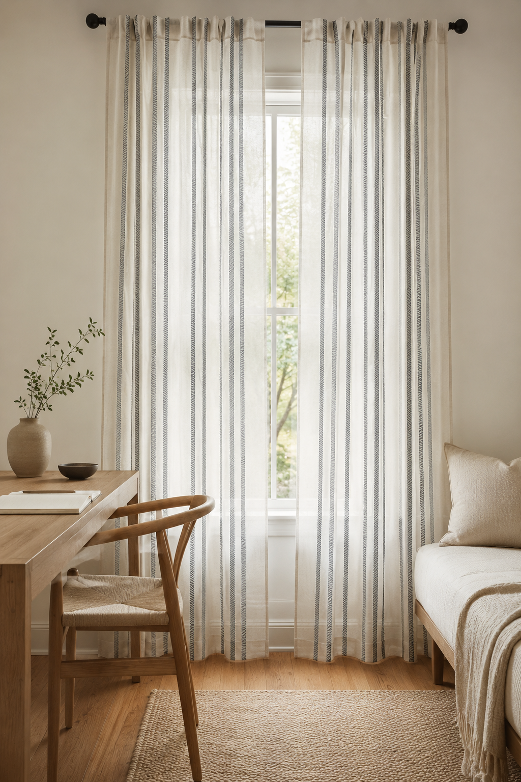 Blue Striped Sheer Curtain Panel — Coastal Linen-Look Window Curtain