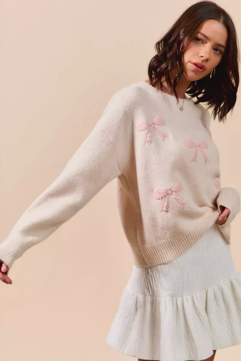 Blush Pink Embroidered Ribbon Round Neck Sweater - Stylish & Elegant, Sweaters, $ 55.00, A Moment Of Now™