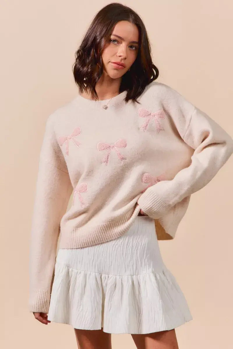 Blush Pink Embroidered Ribbon Round Neck Sweater - Stylish & Elegant, Sweaters, $ 55.00, A Moment Of Now™