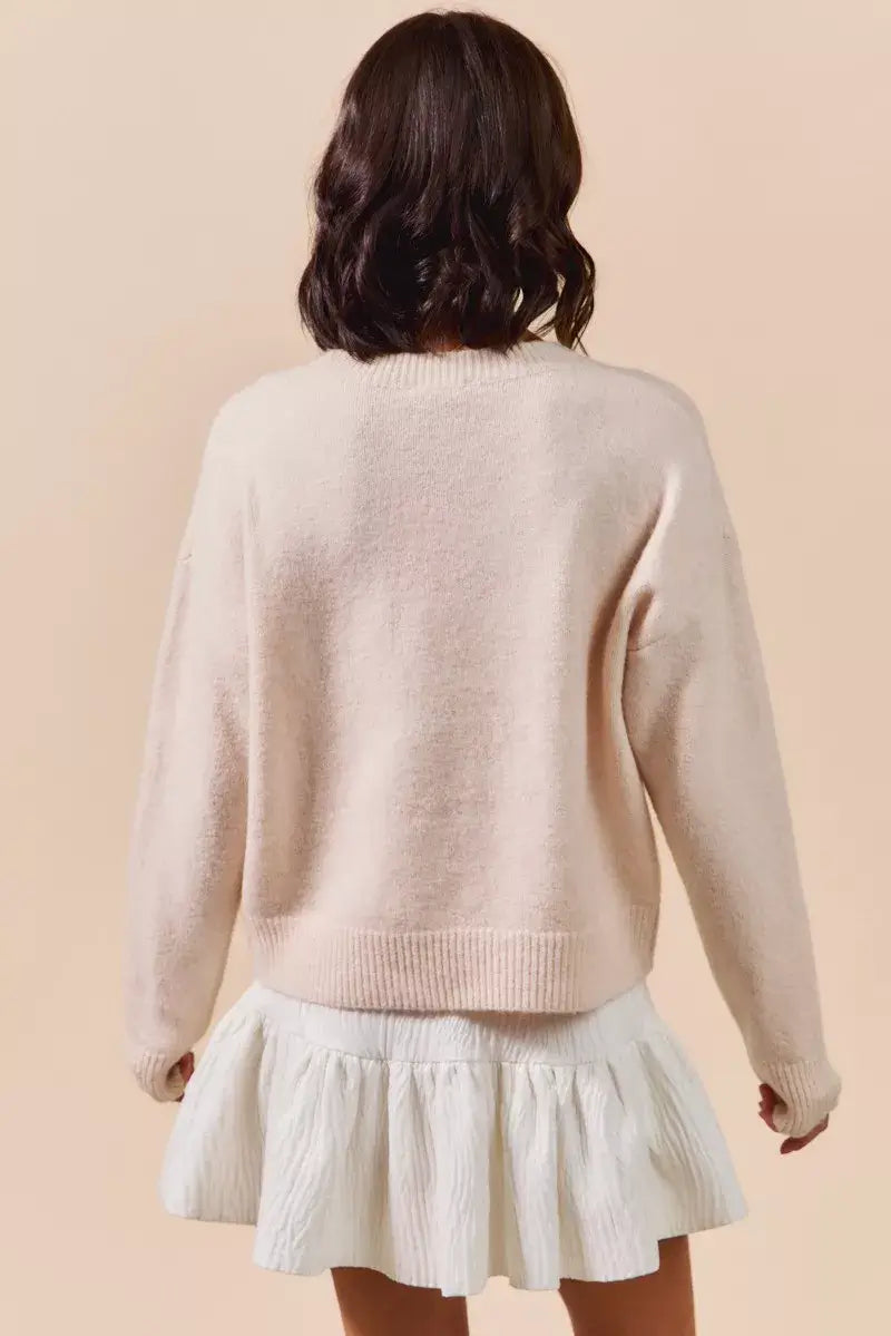 Blush Pink Embroidered Ribbon Round Neck Sweater - Stylish & Elegant, Sweaters, $ 55.00, A Moment Of Now™