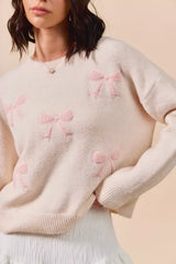Blush Pink Embroidered Ribbon Round Neck Sweater - Stylish & Elegant, Sweaters, $ 55.00, A Moment Of Now™