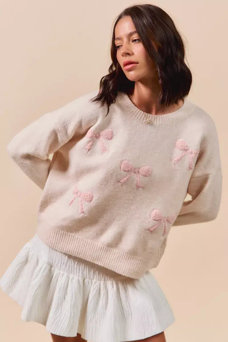 Blush Pink Embroidered Ribbon Round Neck Sweater - Stylish & Elegant, Sweaters, $ 55.00, A Moment Of Now™