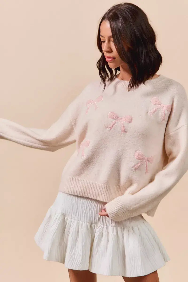 Blush Pink Embroidered Ribbon Round Neck Sweater - Stylish & Elegant, Sweaters, $ 55.00, A Moment Of Now™