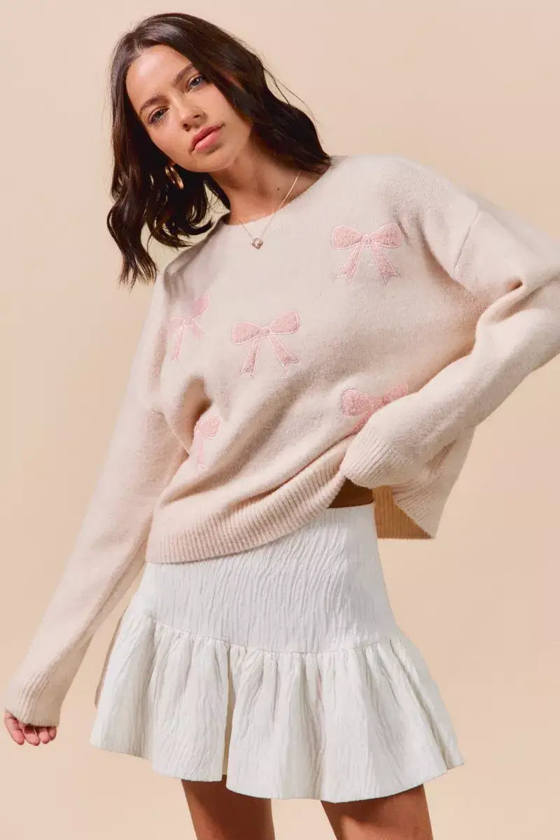 Blush Pink Embroidered Ribbon Round Neck Sweater - Stylish & Elegant, Sweaters, $ 55.00, A Moment Of Now™