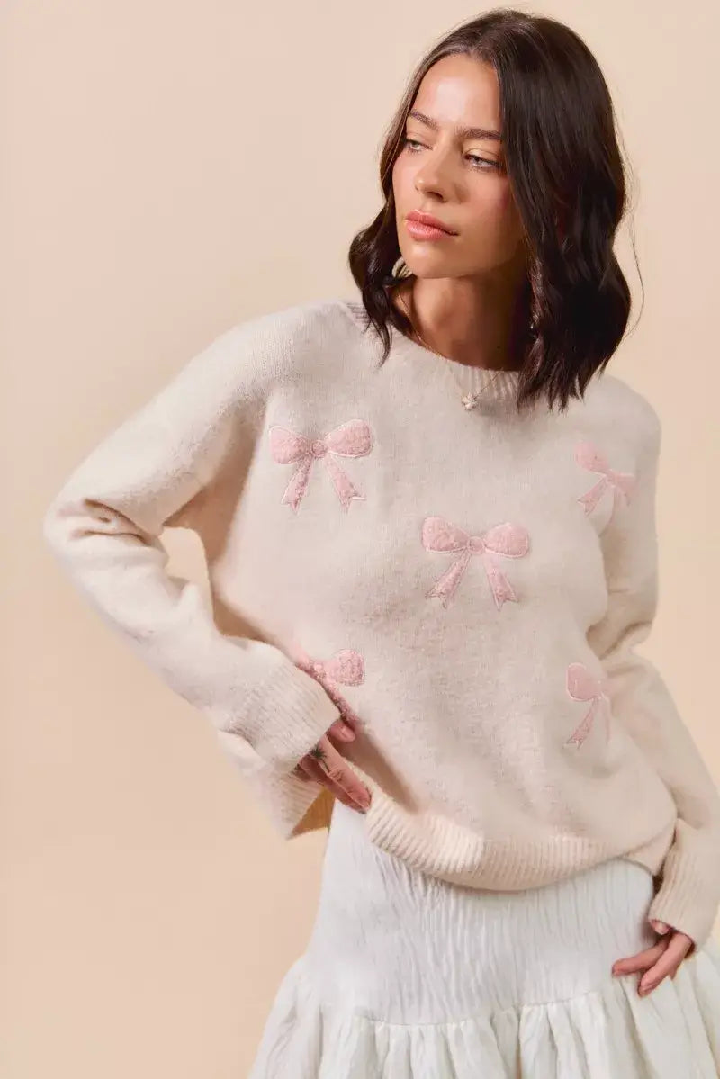 Blush Pink Embroidered Ribbon Round Neck Sweater - Stylish & Elegant, Sweaters, $ 55.00, A Moment Of Now™