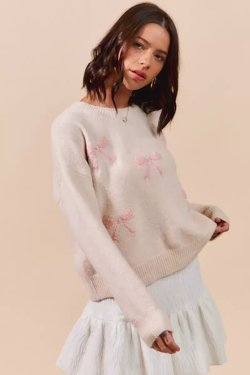 Blush Pink Embroidered Ribbon Round Neck Sweater - Stylish & Elegant, Sweaters, $ 55.00, A Moment Of Now™