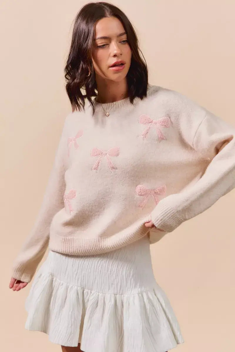 Blush Pink Embroidered Ribbon Round Neck Sweater - Stylish & Elegant, Sweaters, $ 55.00, A Moment Of Now™