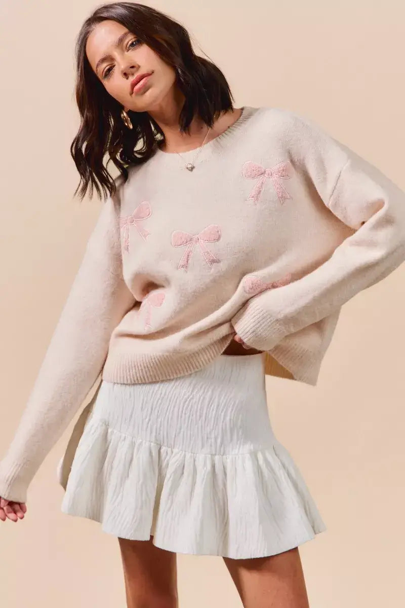 Blush Pink Embroidered Ribbon Round Neck Sweater - Stylish & Elegant, Sweaters, $ 55.00, A Moment Of Now™