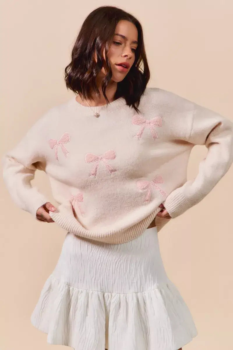 Blush Pink Embroidered Ribbon Round Neck Sweater - Stylish & Elegant, Sweaters, $ 55.00, A Moment Of Now™