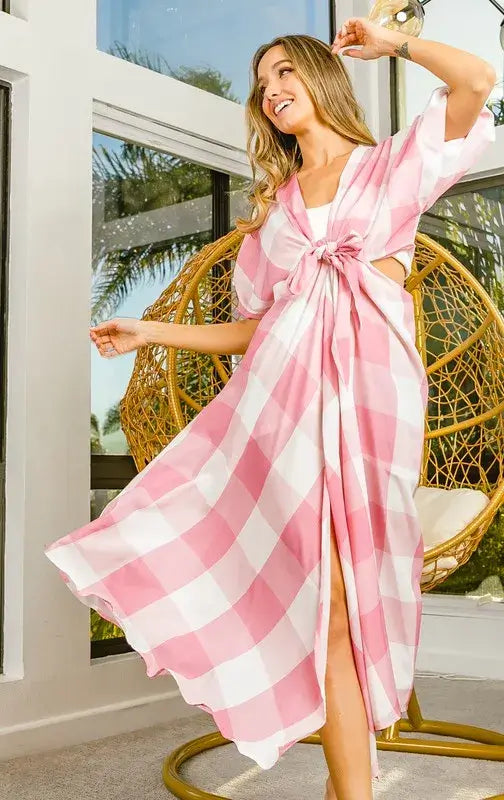 Blush Pink Puff Sleeve Checkered Dress - Cut Out Detail, Dresses, $ 55.00, A Moment Of Now™