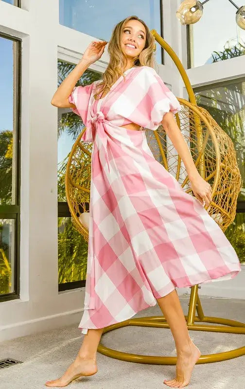 Blush Pink Puff Sleeve Checkered Dress - Cut Out Detail, Dresses, $ 55.00, A Moment Of Now™