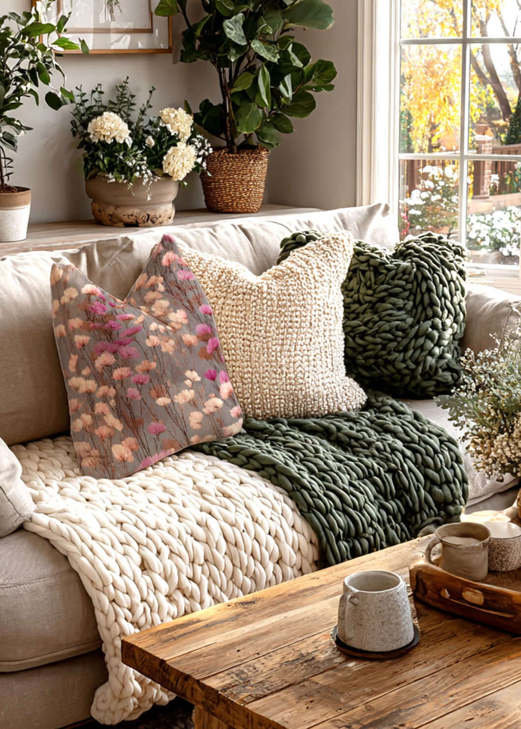 Boho Pink Wildflowers Throw Pillow Cover with Insert