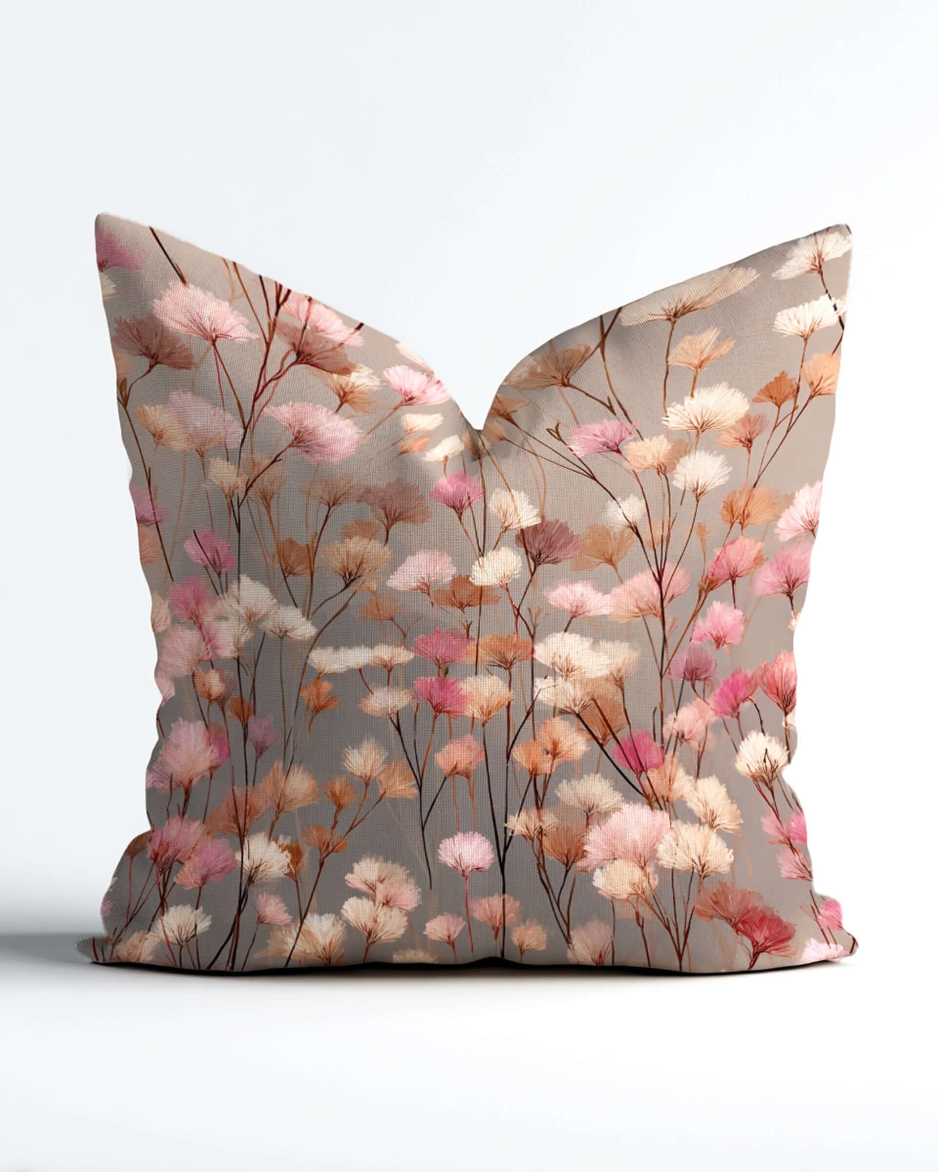 Boho Pink Wildflowers Throw Pillow Cover with Insert