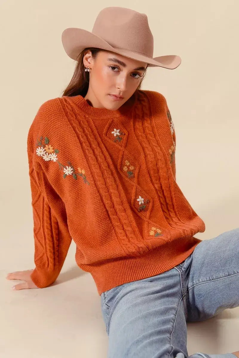 Brick Brown Embroidered Flower Cable Knitted Sweater - Cozy Elegance, Sweaters, $ 52.00, A Moment Of Now™