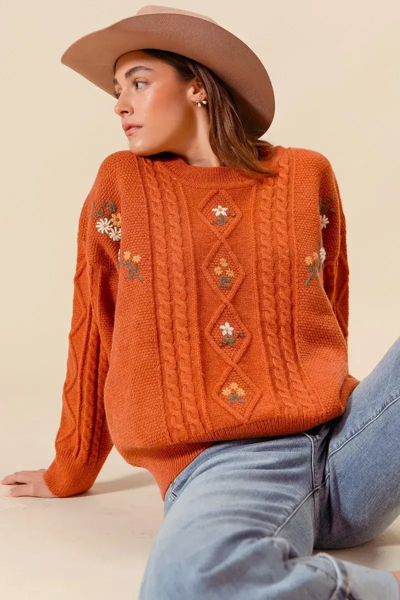 Brick Brown Embroidered Flower Cable Knitted Sweater - Cozy Elegance, Sweaters, $ 52.00, A Moment Of Now™
