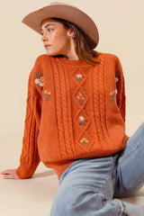 Brick Brown Embroidered Flower Cable Knitted Sweater - Cozy Elegance, Sweaters, $ 52.00, A Moment Of Now™