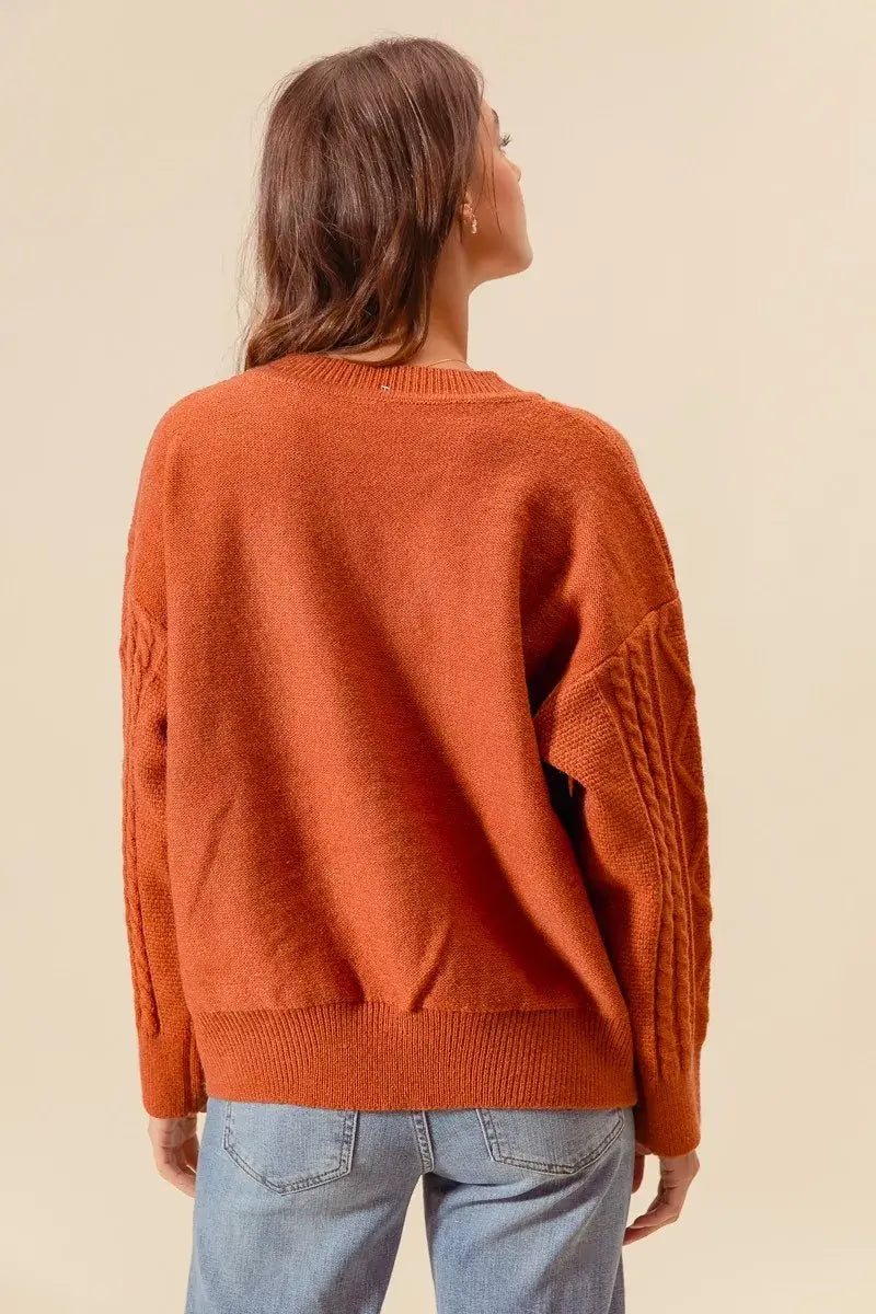 Brick Brown Embroidered Flower Cable Knitted Sweater - Cozy Elegance, Sweaters, $ 52.00, A Moment Of Now™
