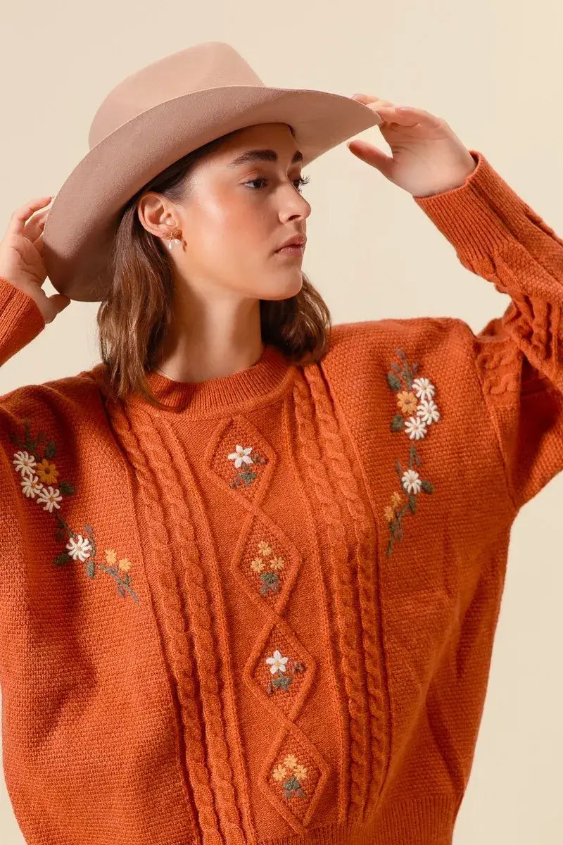 Brick Brown Embroidered Flower Cable Knitted Sweater - Cozy Elegance, Sweaters, $ 52.00, A Moment Of Now™