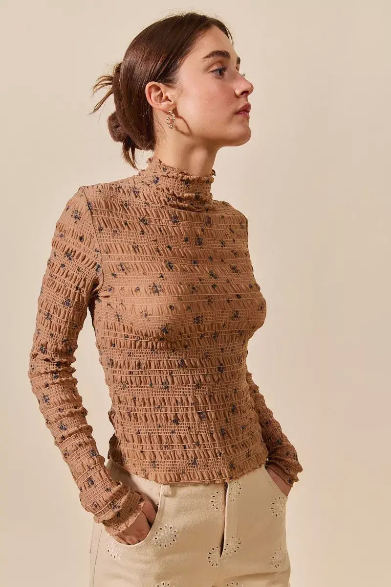 Brown Floral Print Textured Long Sleeve Knit Top - Cozy Fashion, Tops, $ 45.00, A Moment Of Now™